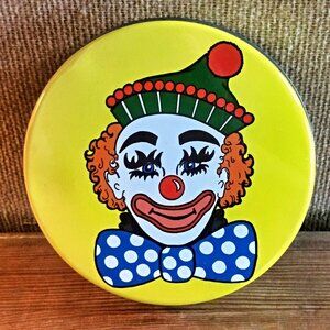 Vintage Yellow Circus Clown Tin Container with Elephants & Balloons